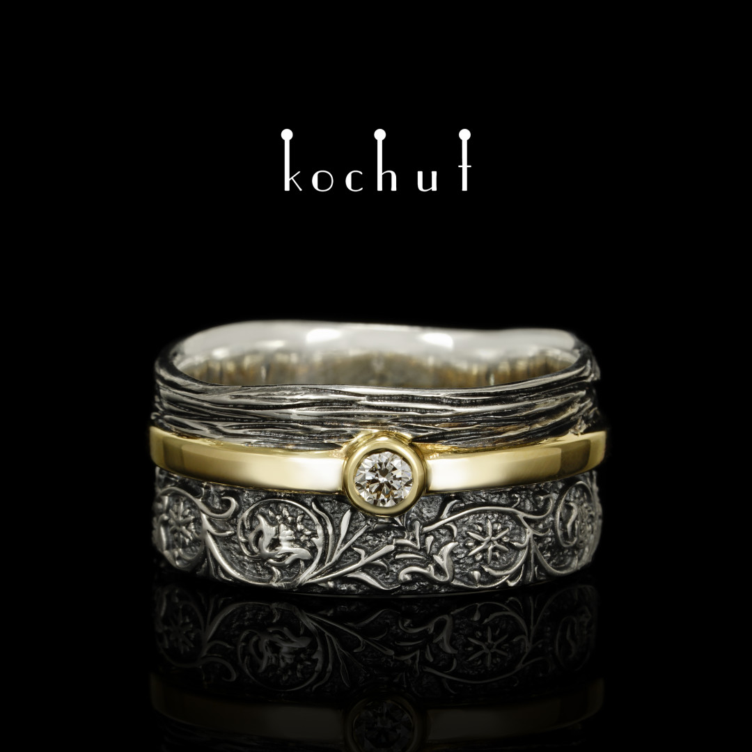 Ring «Forest harmony». Silver, yellow gold, diamonds, oxidized