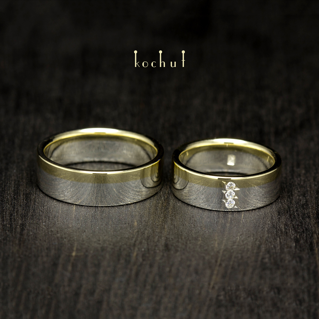 Flatshaped wedding rings «Horizon of Love». Silver, gold, cubic zirkonia