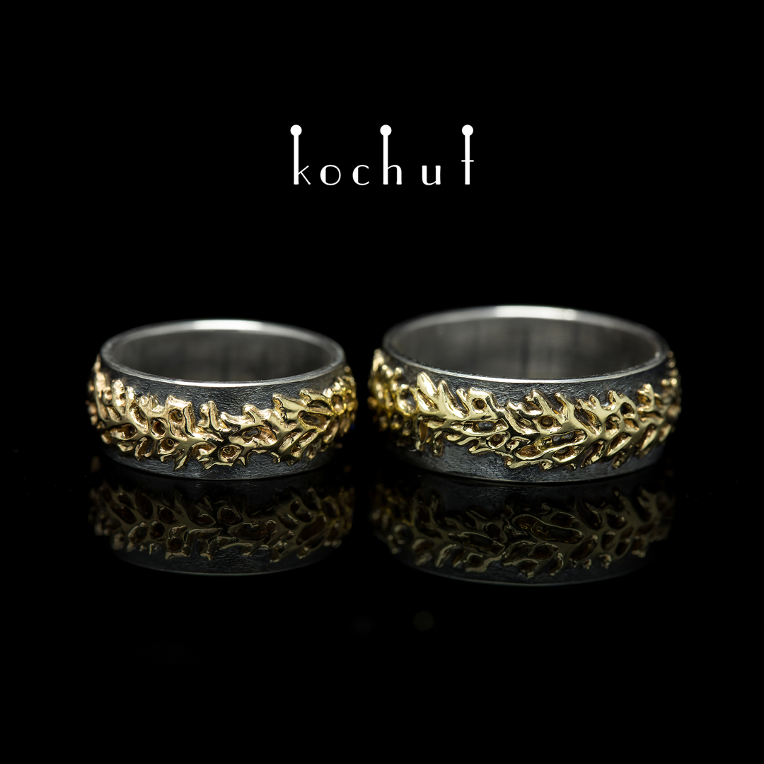 Wedding rings "Forest". Silver, gold, oxidation