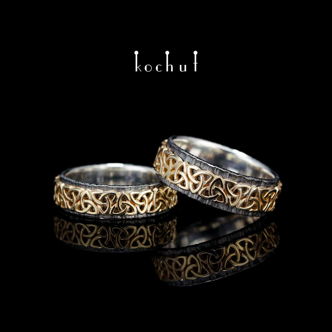 Wedding rings "Celtic pattern". Silver, yellow gold, oxidation