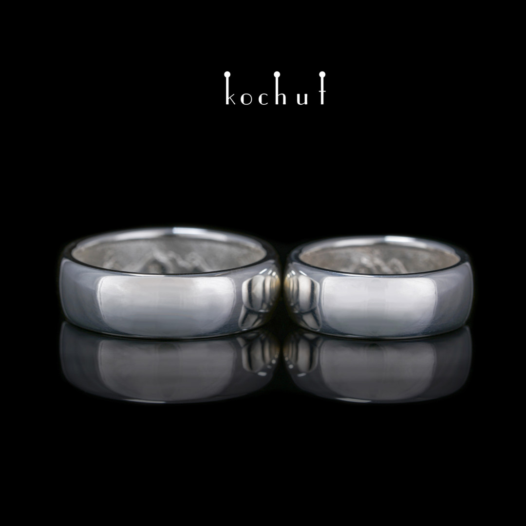 Wedding rings "Peaks of Love: Reflection". Sterling silver, white rhodium