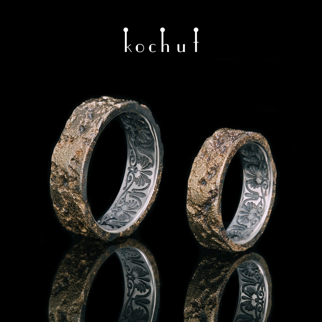 Wedding rings «Soul and body». Silver, fusing yellow gold, oxidation