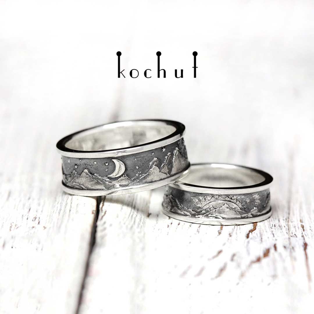 Wedding rings of "Peaks of Love: the sun and the moon". Silver, oxidation