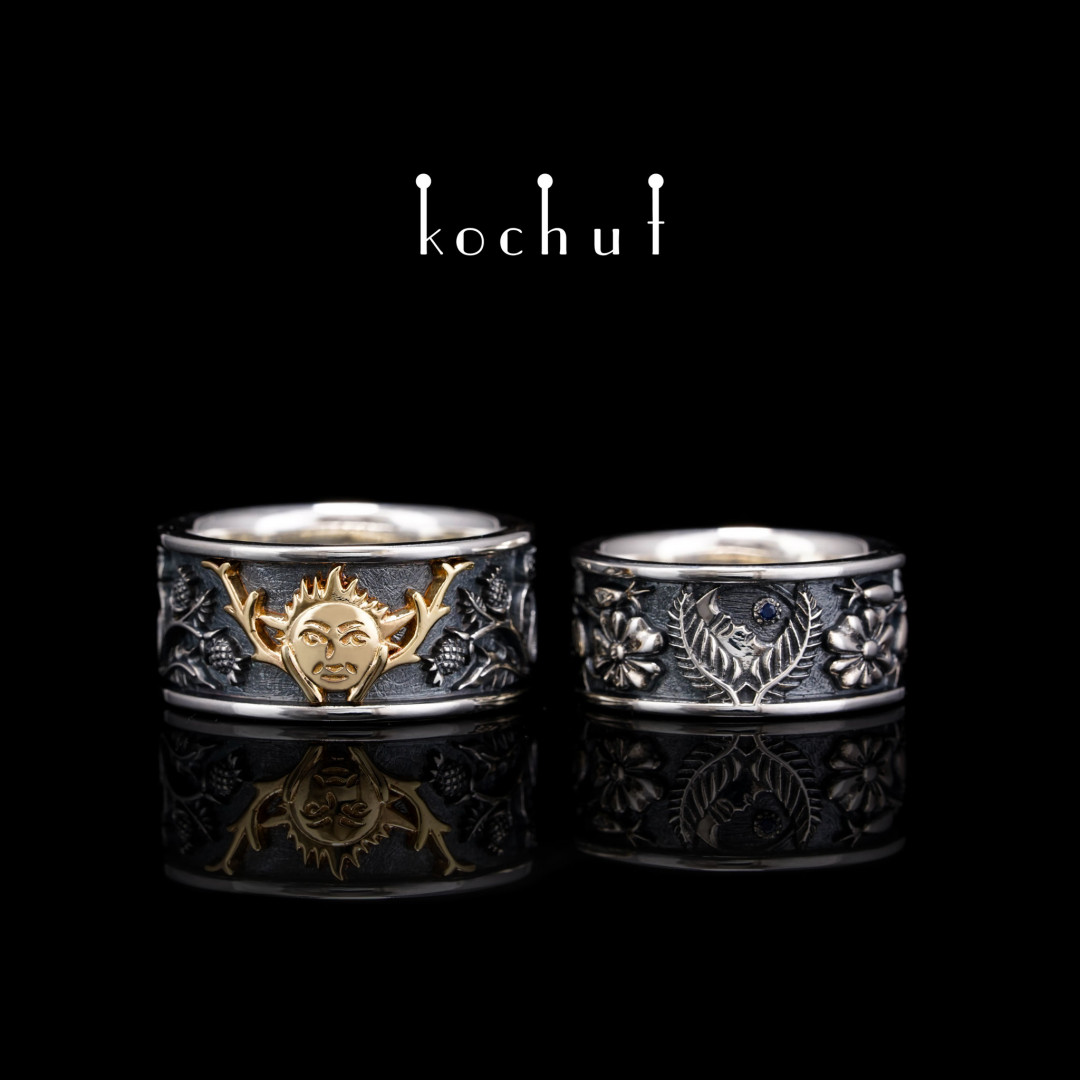 Flat-shaped wedding rings "Alchemy of Love". Silver, gold, sapphire, oxidation