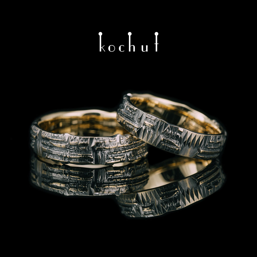 Wedding rings «Love code». Yellow gold, black rhodium