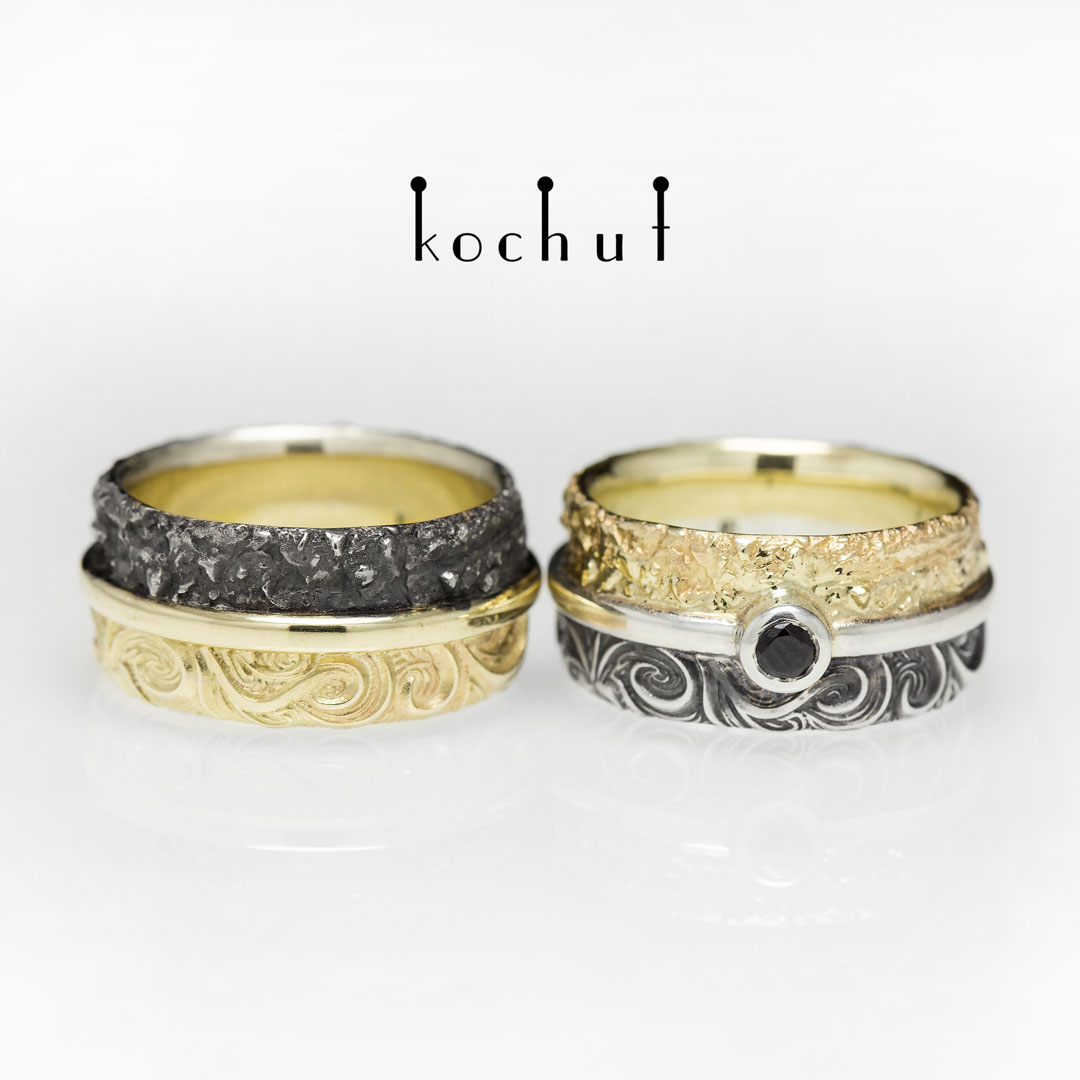 Wedding rings "In joy and in sorrow". Silver, gold, spinel