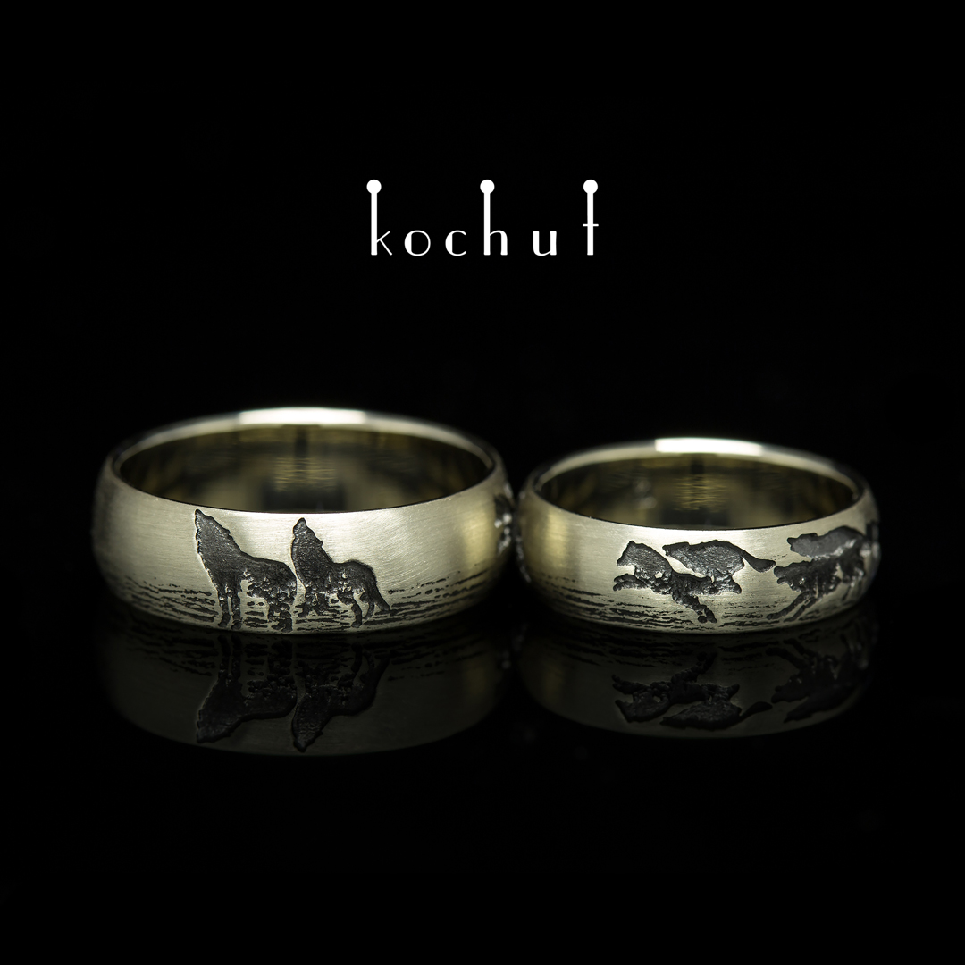 Wedding rings «Wolves». White gold, black rhodium