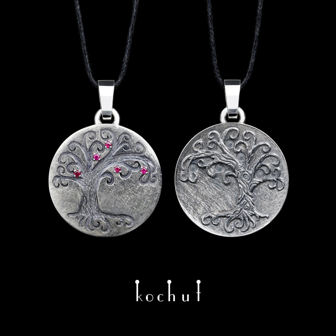 Double pendant «Ask and Embla». Silver, rubies, oxidized