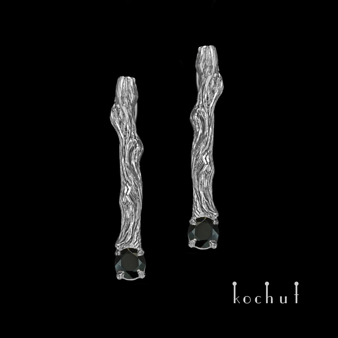 Earrings «Twigs». Silver, black spinel, oxidized