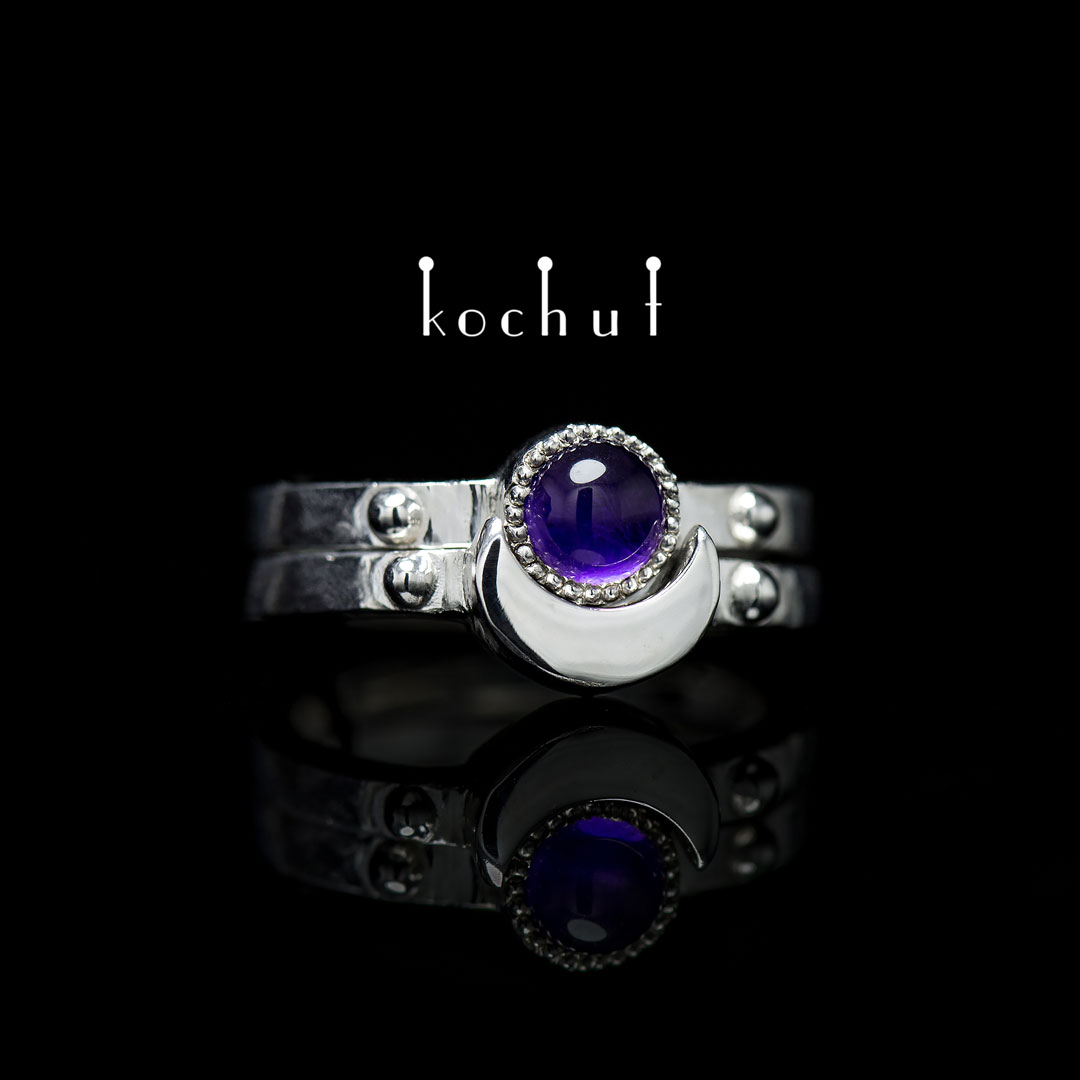 Double ring "Moon duet". Silver, white rhodium, amethyst