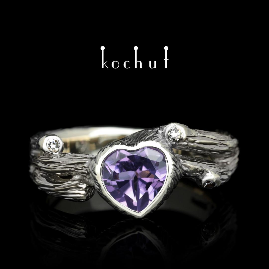 Ring «Heart of the forest». White gold, amethyst, black rhodium, diamond