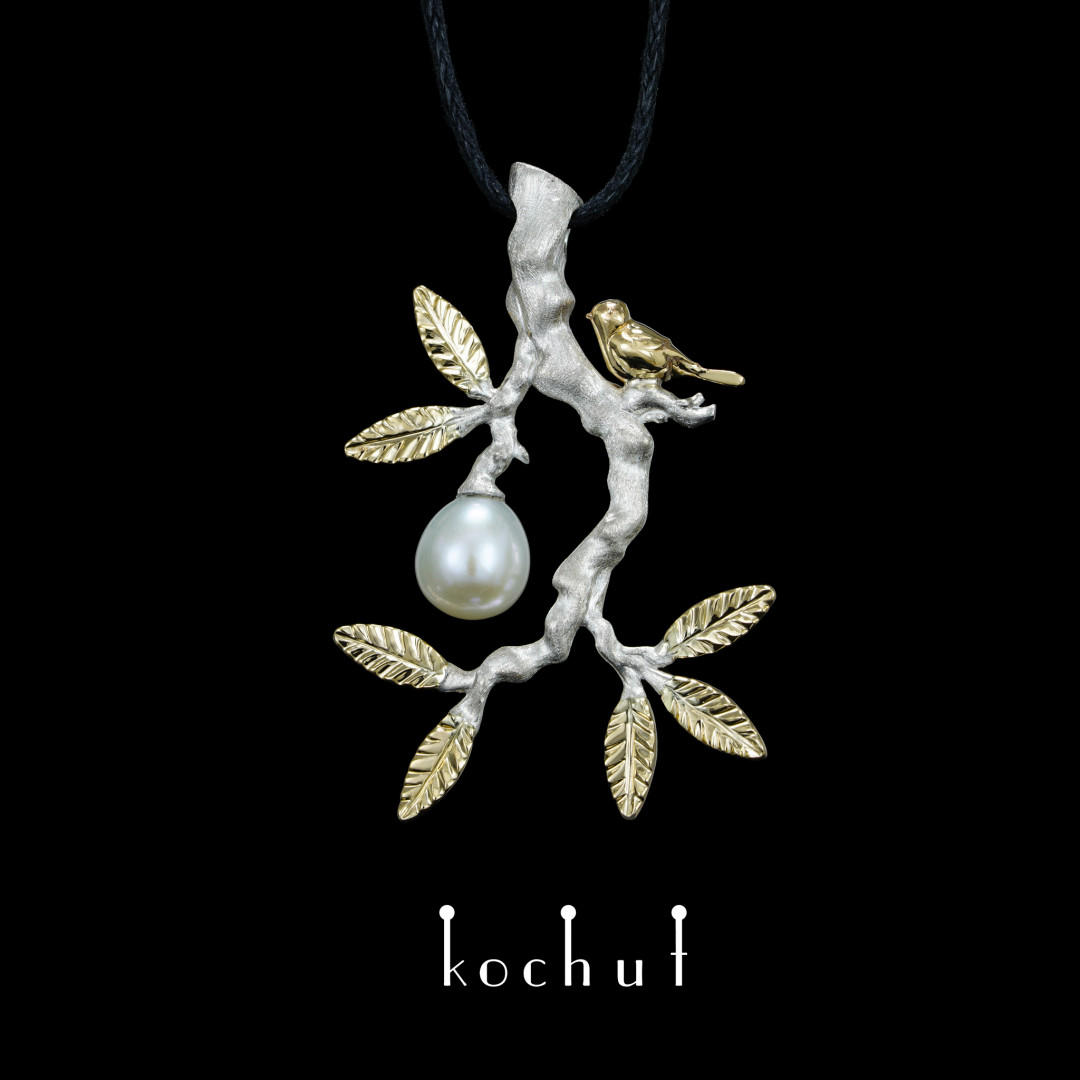 Pendant «Paradise twig». Silver, yellow gold, pearl