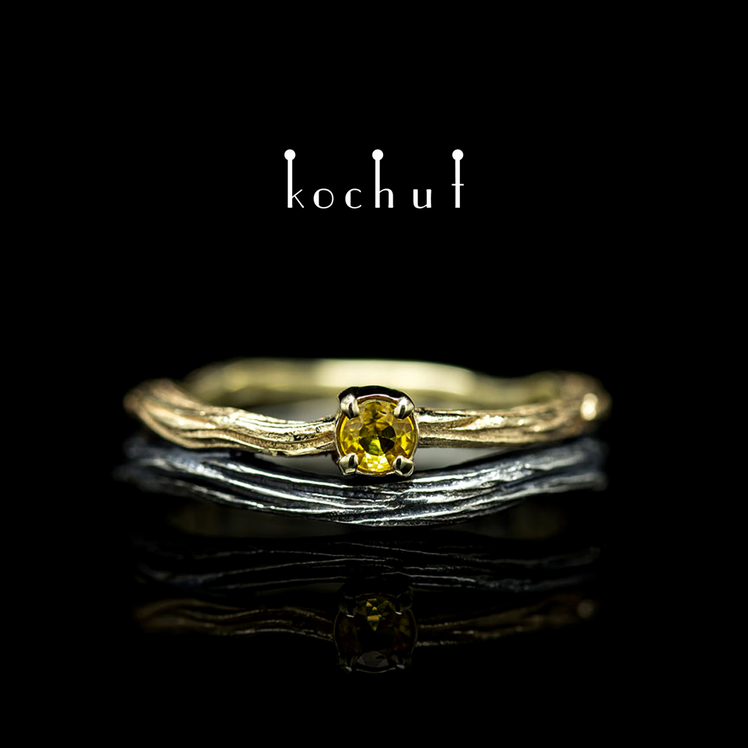 Wedding ring "Eye of the forest". Silver, yellow gold, yellow sapphire, oxidized