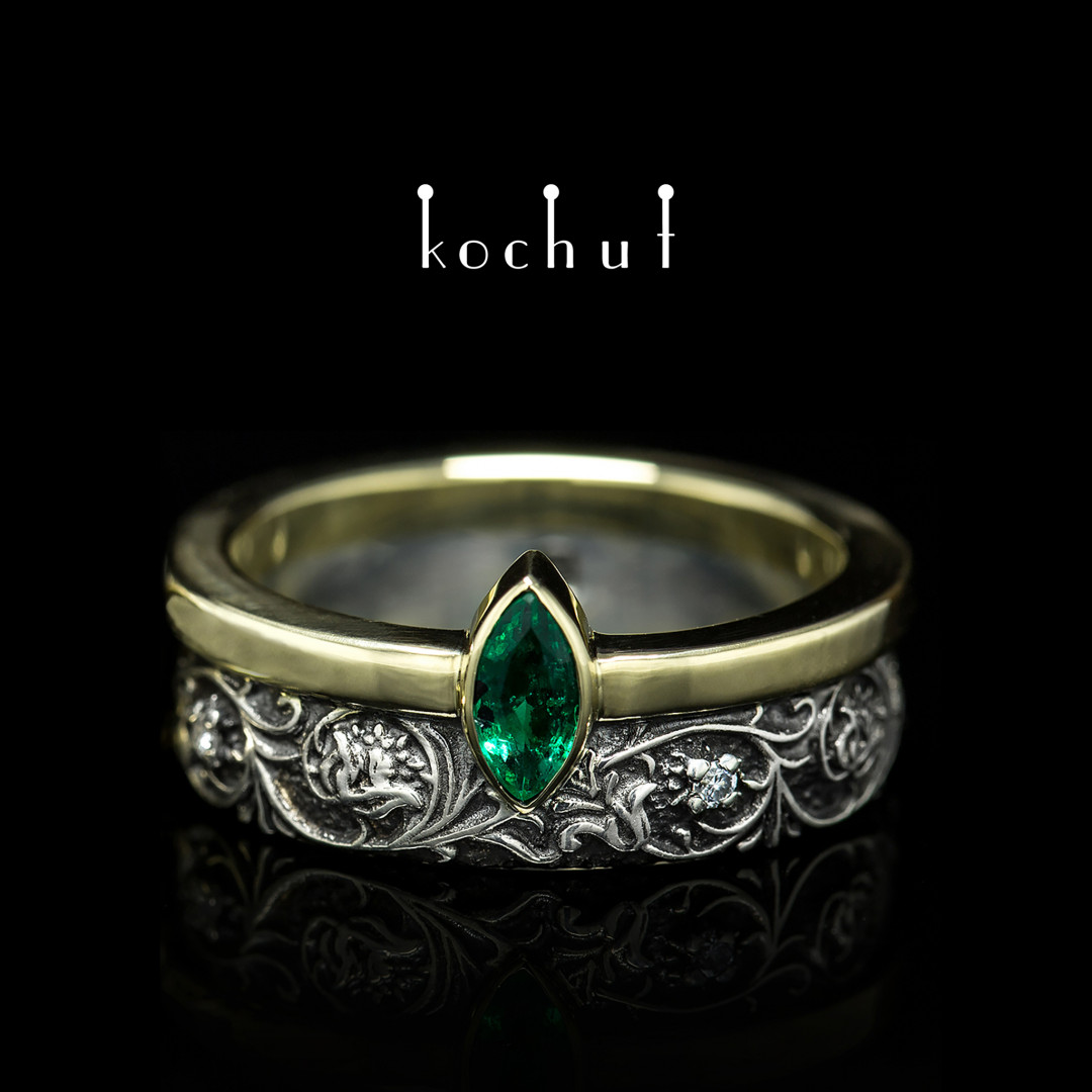 Wedding ring «Harmony of nature». Silver, gold, emerald, diamonds