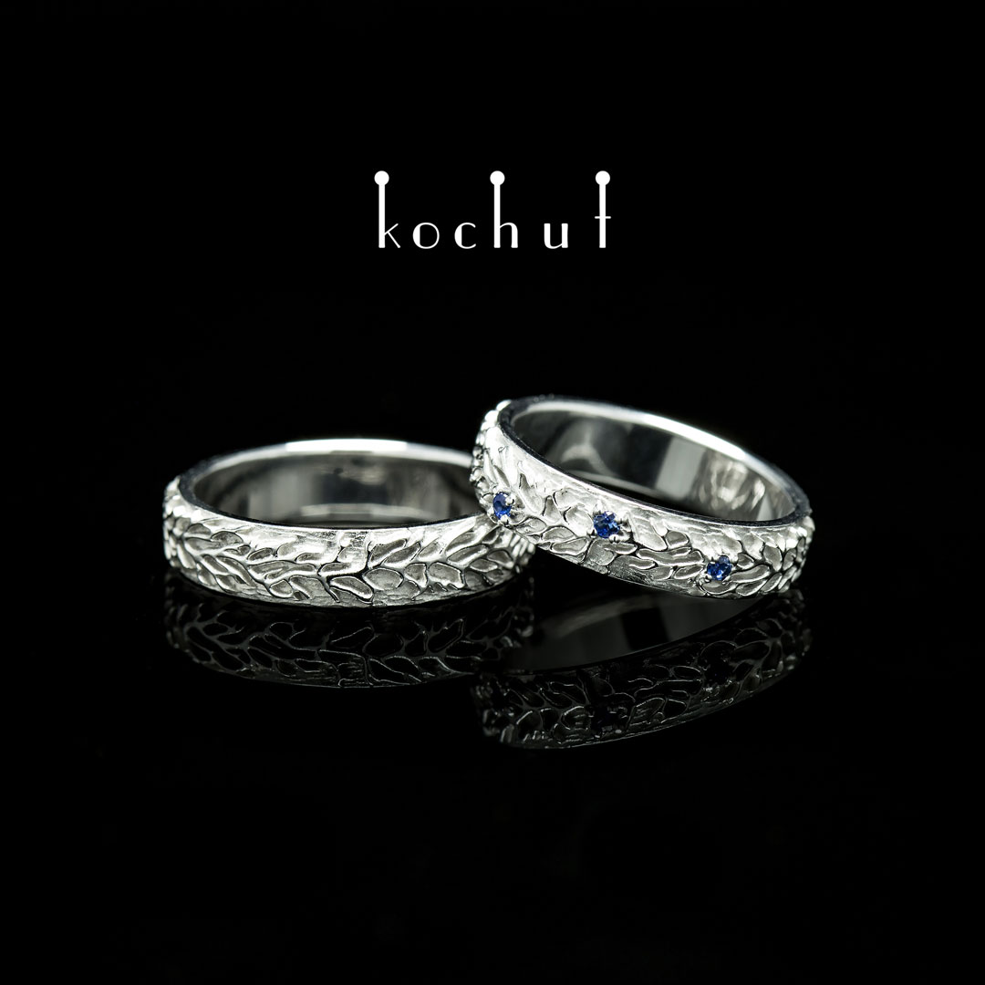 Wedding rings "Forest". White gold, white rhodium, sapphires