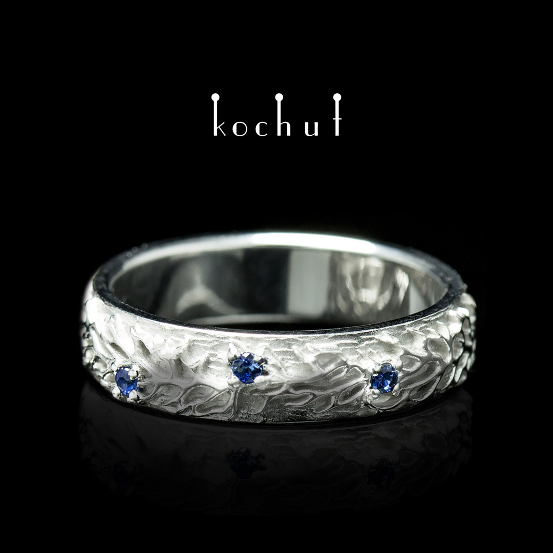 Wedding ring «Forest». White gold, white rhodium, sapphires
