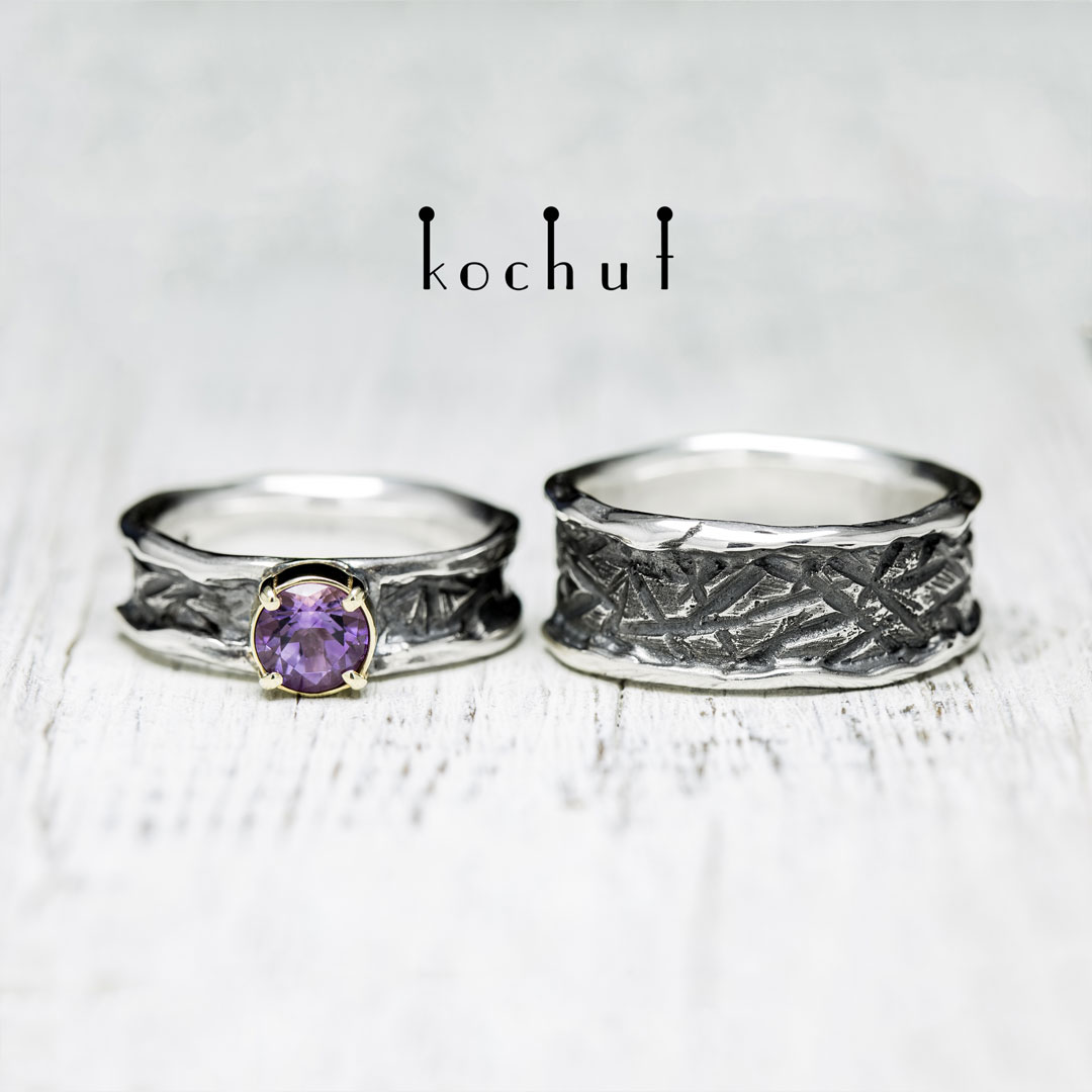 Engagement rings "Icebergs of Love". Silver, gold, amethyst