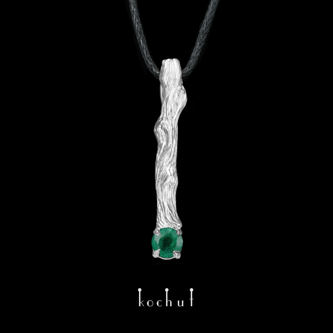 Pendant "Little twig". Silver, white rhodium, emerald