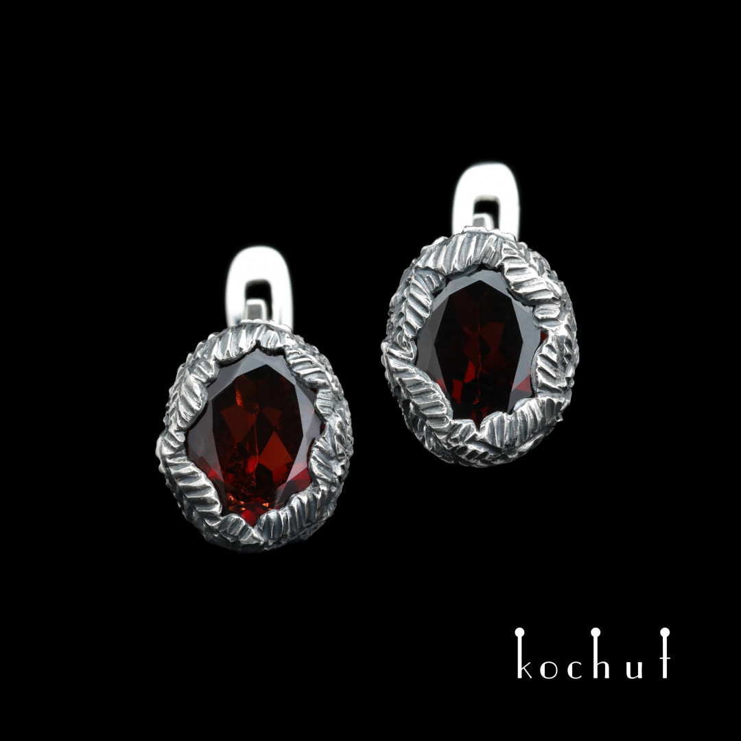 Earrings «The source of life». Silver, oxidized, red garnets
