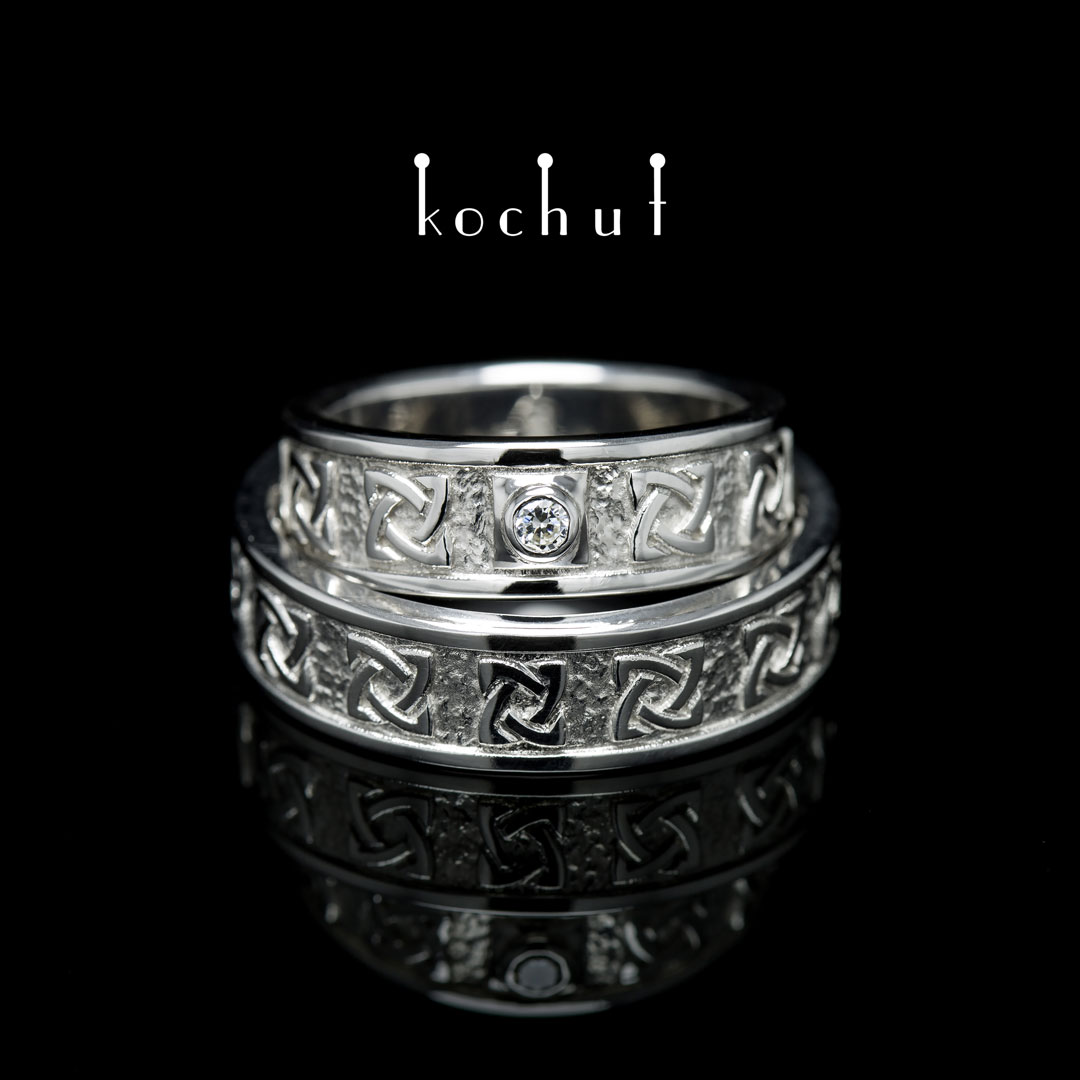 Wedding rings "Celtic amulet". Silver, white rhodium, fianit