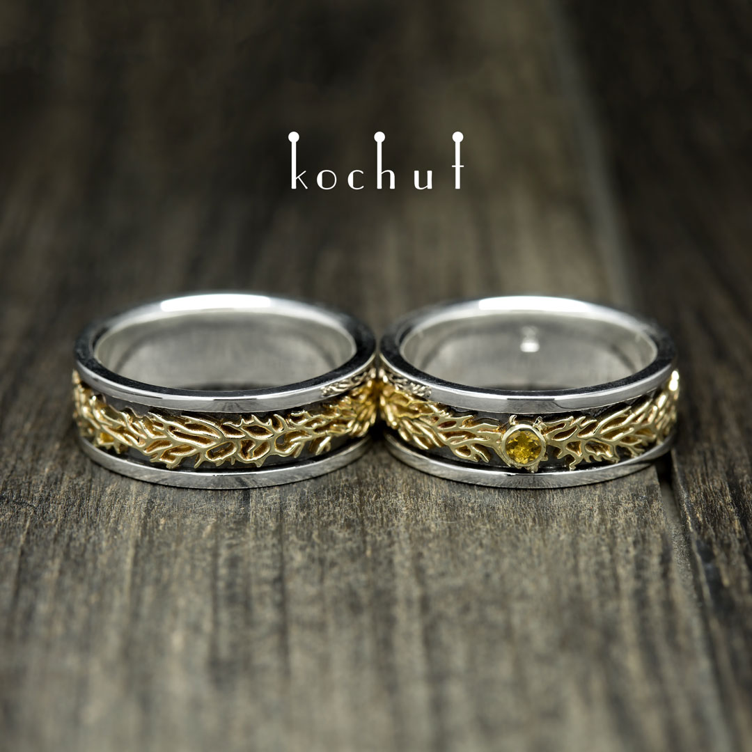 Wedding rings with rims «Forest». Silver, gold, citrine, oxidation
