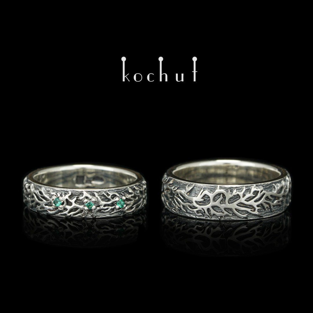 Wedding rings "Forest". Silver, emeralds, oxidation