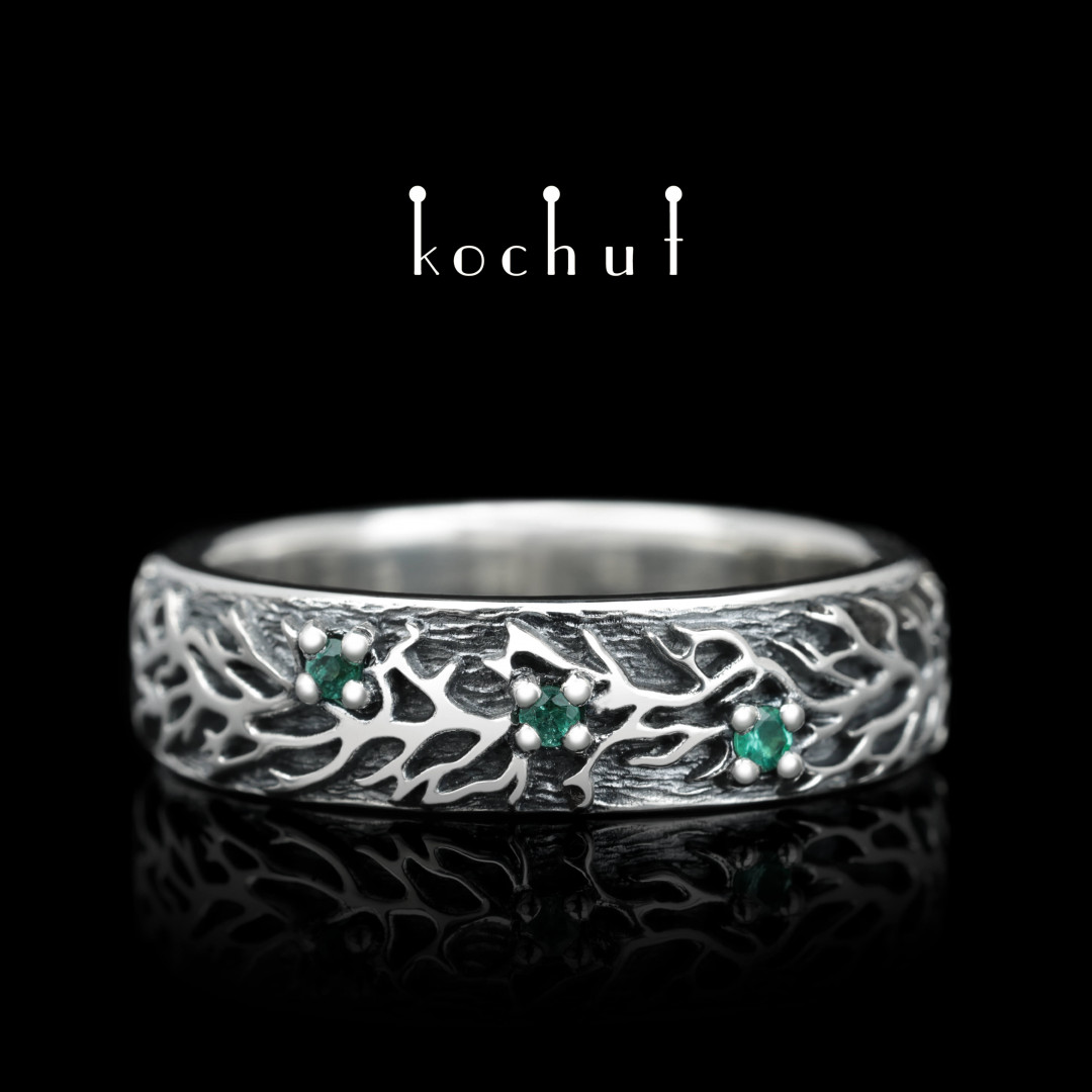 Wedding ring «Forest». Silver, emeralds, oxidized
