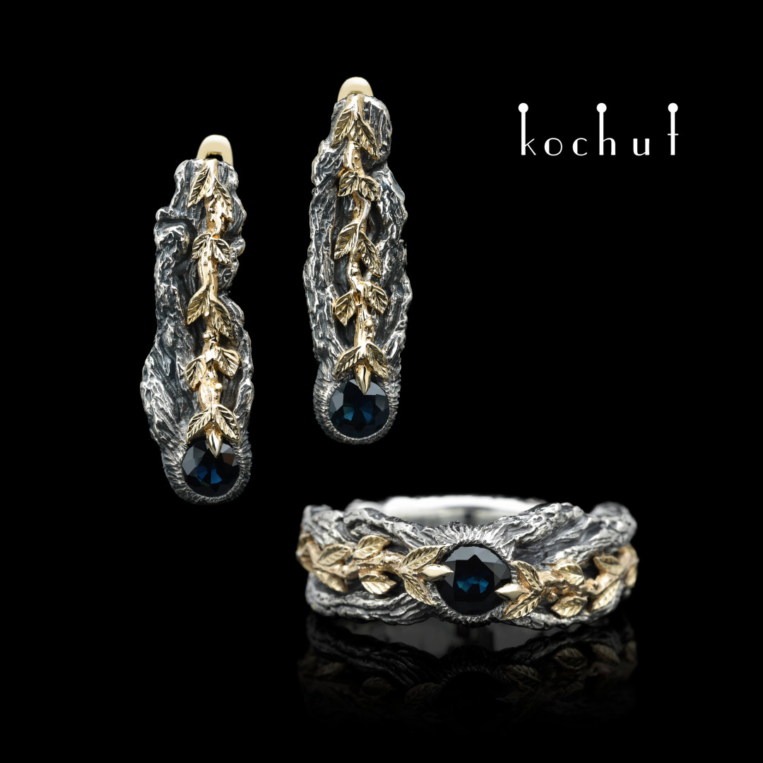 Set «Power of Life»: ring and earrings. Silver, yellow gold, sapphires, oxidized