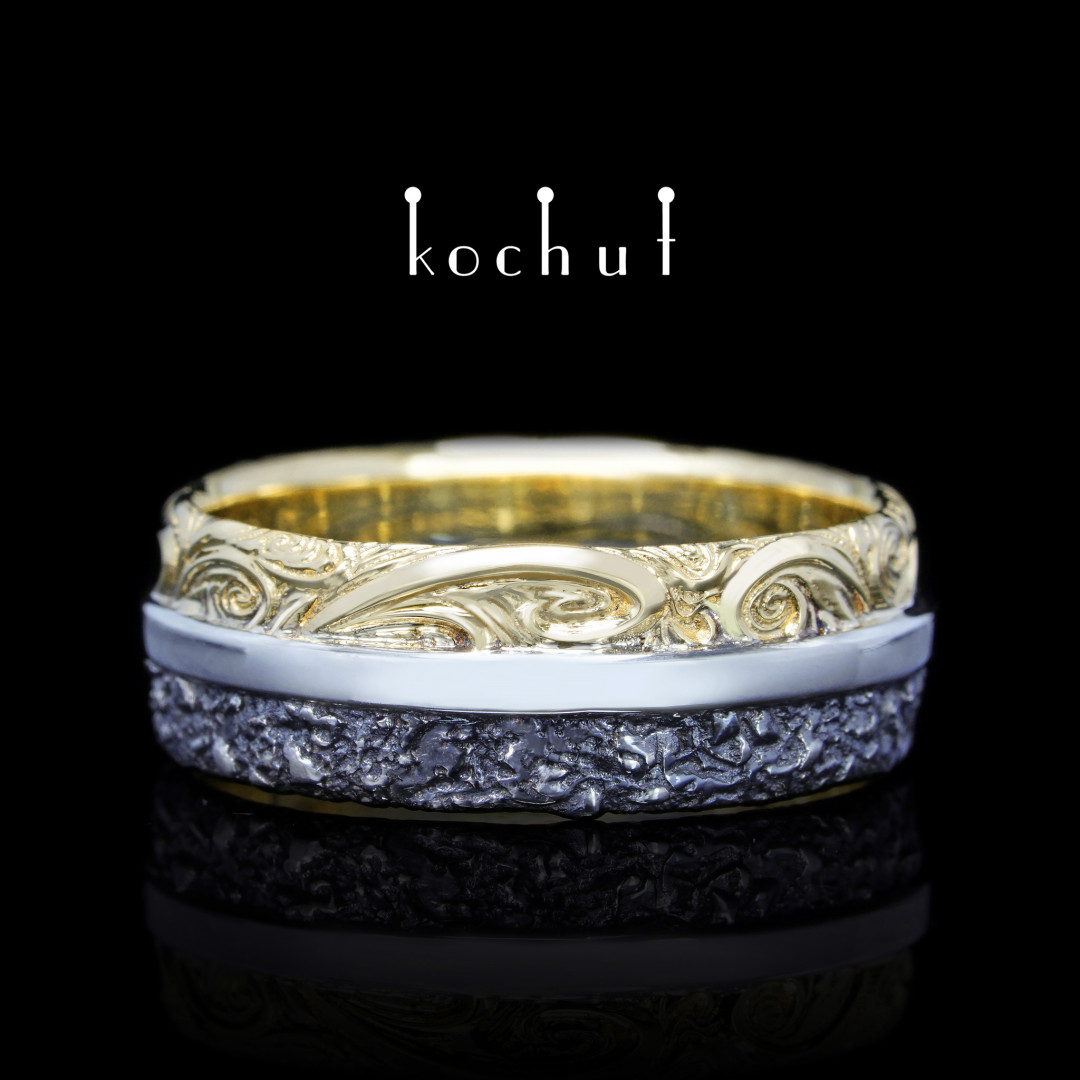 Wedding ring «In joy and in sorrow». Yellow gold, silver, oxidation
