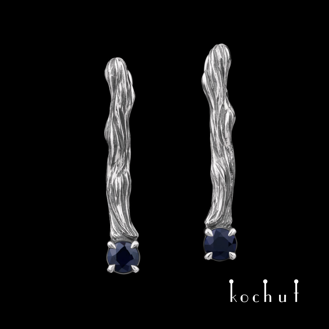 Earrings «Twigs». Silver, oxidized, sapphires