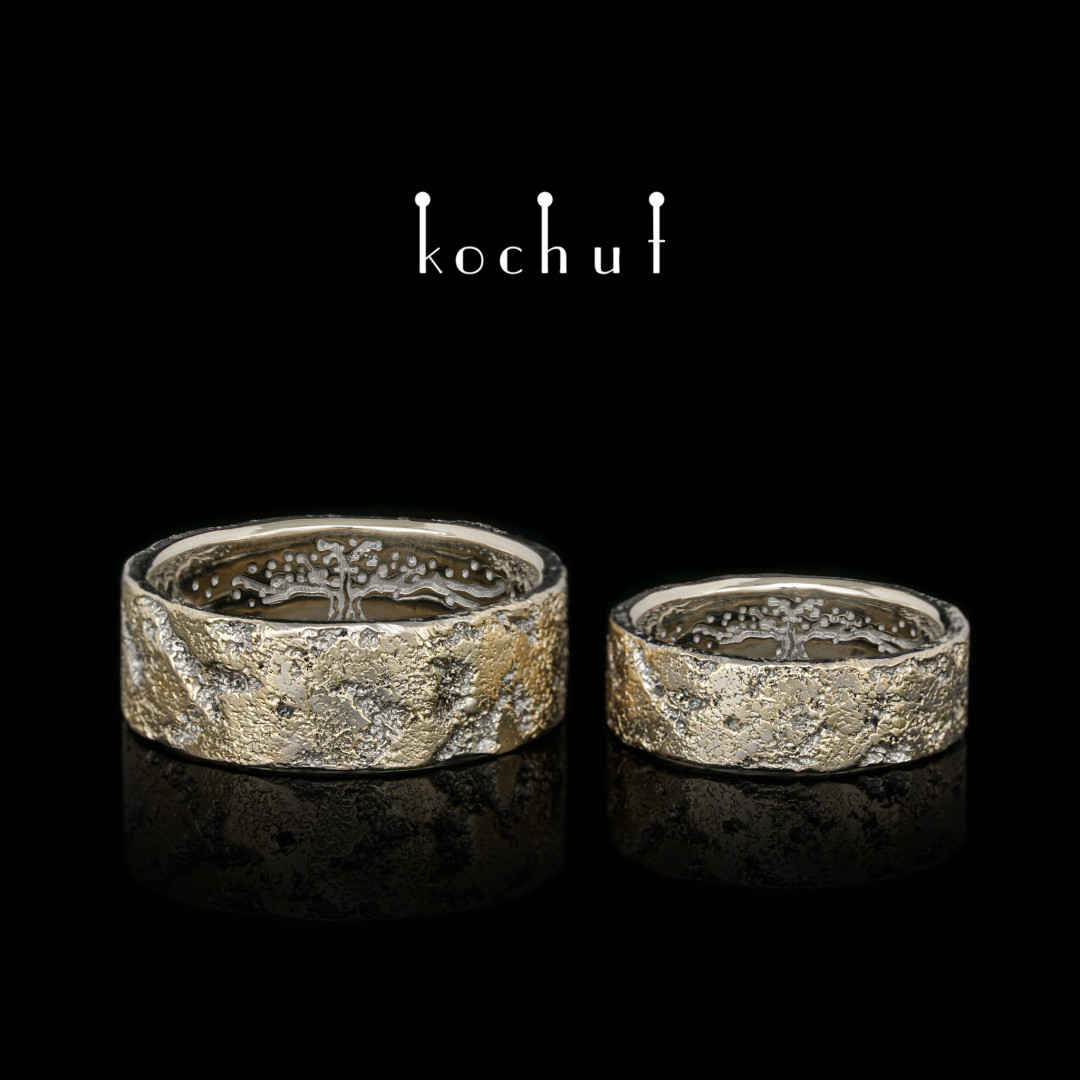Wedding rings «Soul and body» with a tree of life. White, yellow gold, black rhodium, forging Light