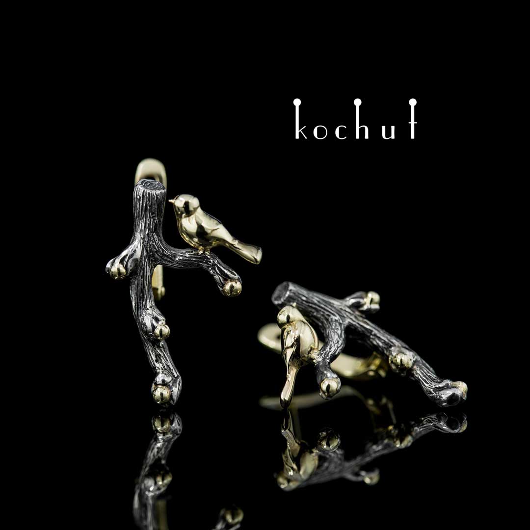 Earrings «Birds on the twig». Silver, yellow gold, oxidation