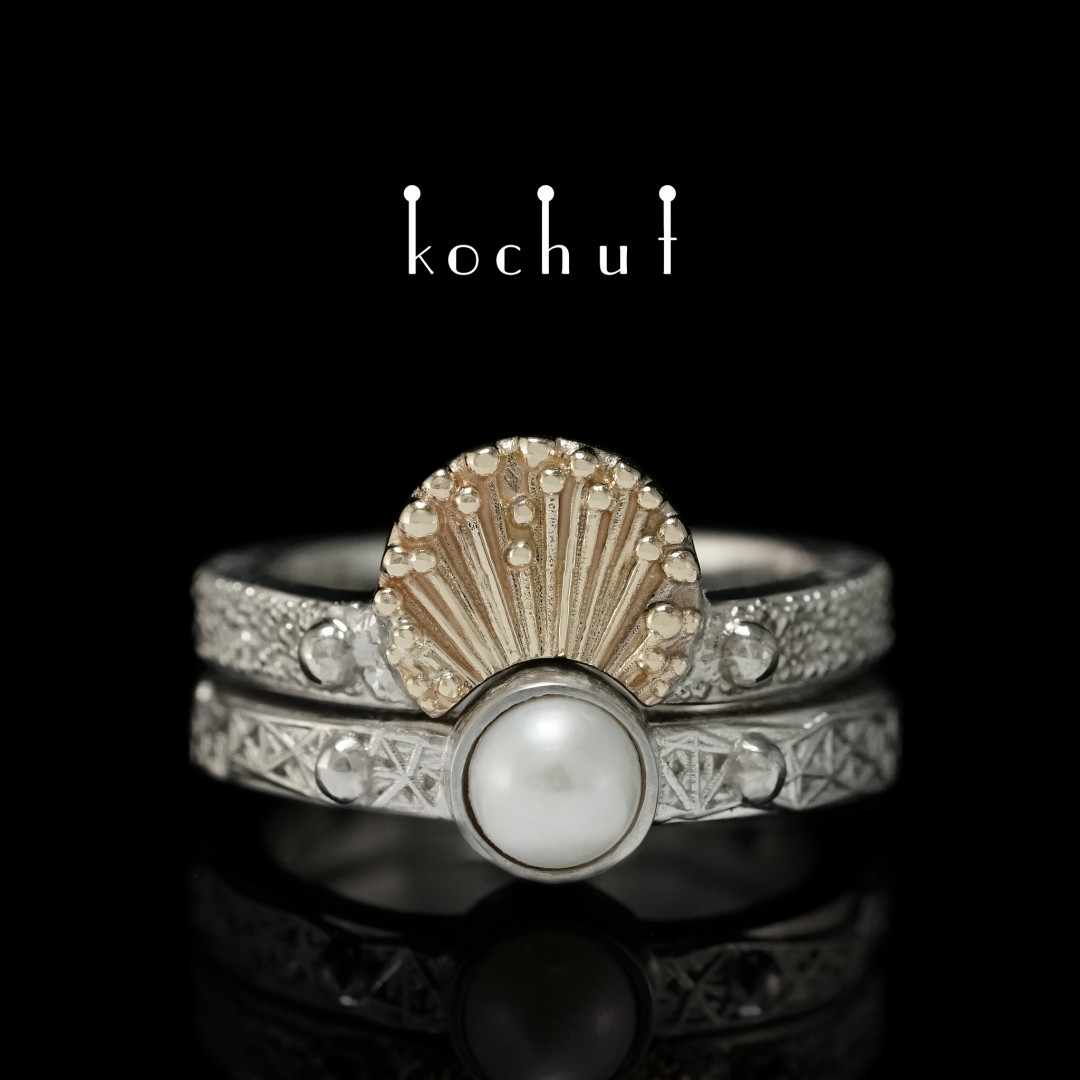 Double ring "Sea duet". Silver, white rhodium, gold, white pearl