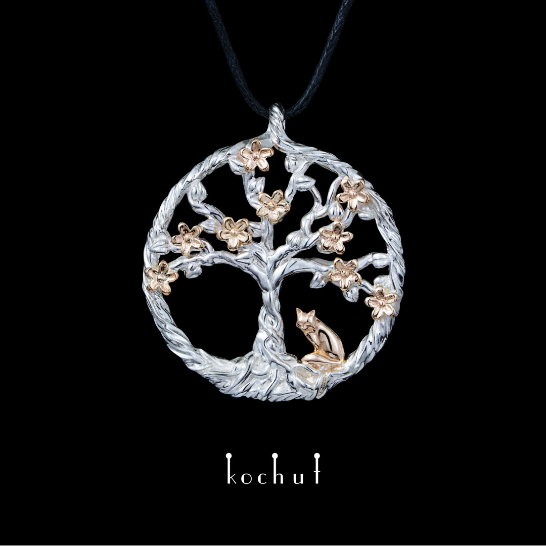 Pendant «Blooming tree with little fox». Red gold, silver
