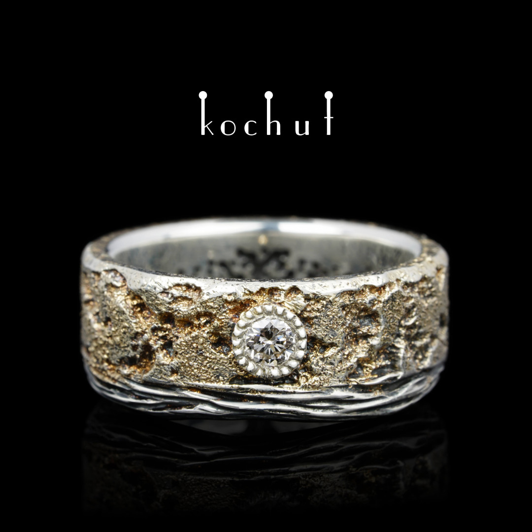 Wedding ring «Soul and body» with bark and tree of life. Silver, yellow gold, diamond, oxidized