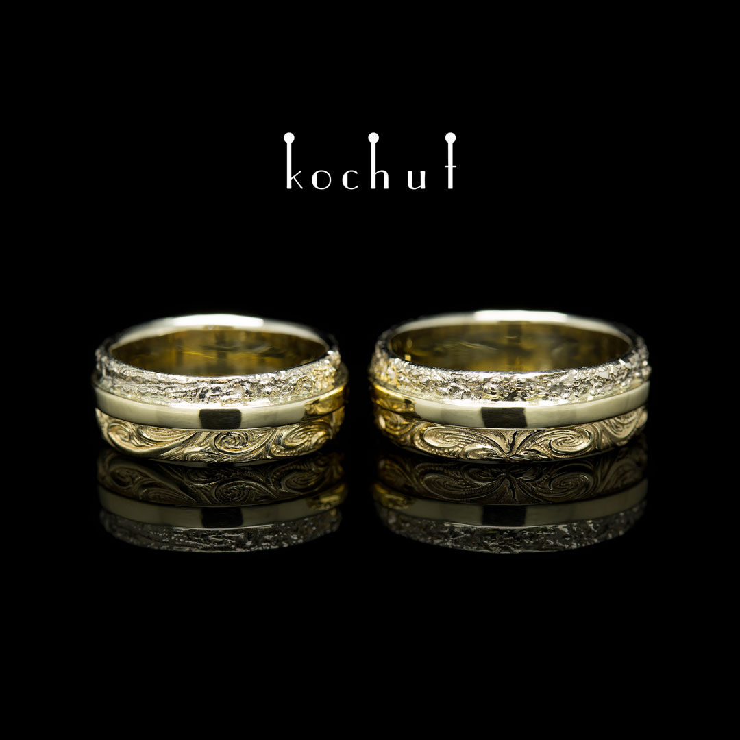 Wedding rings "In joy and in sorrow". White, yellow 18K gold
