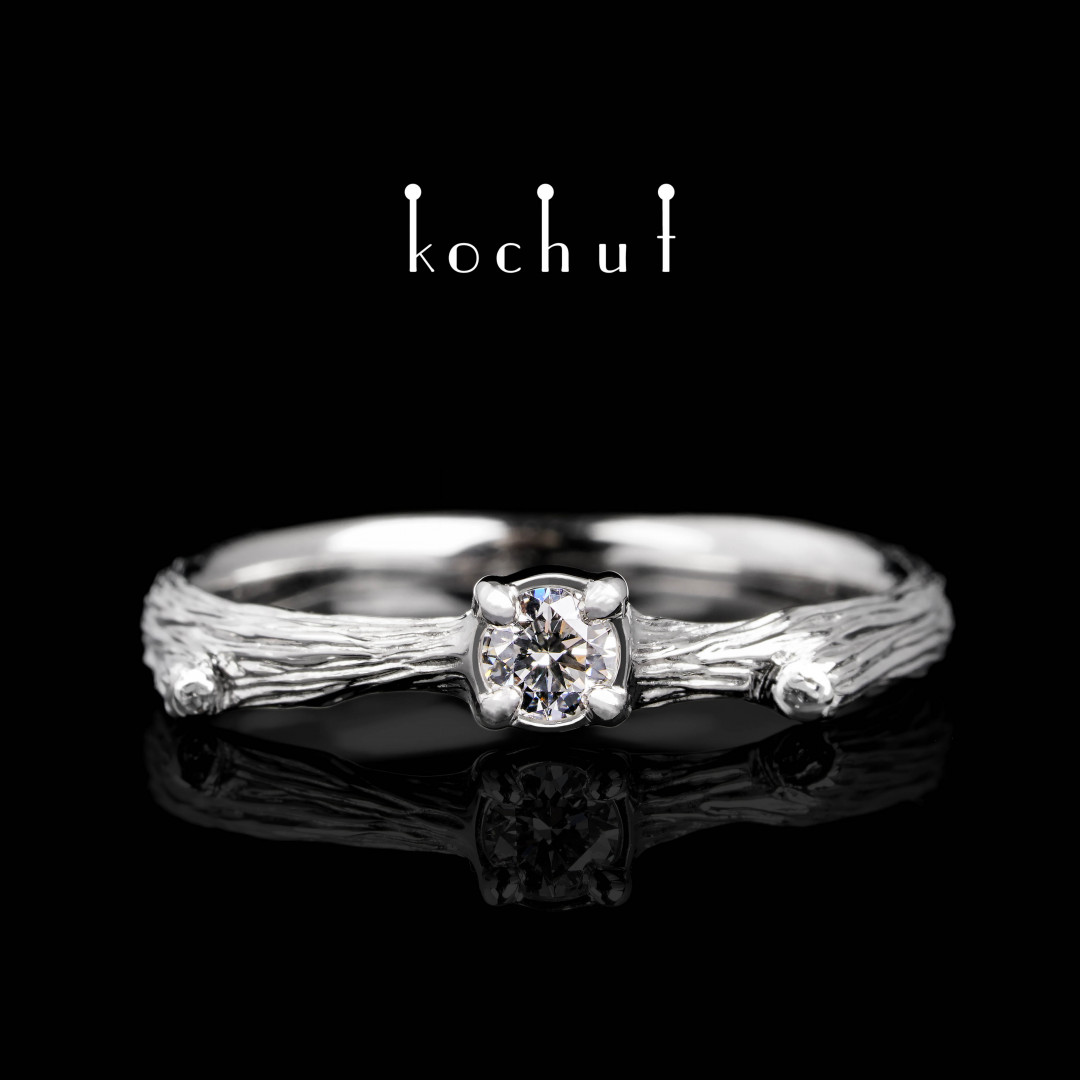 Engagement ring «Fragile twig». White gold, white rhodium, diamond