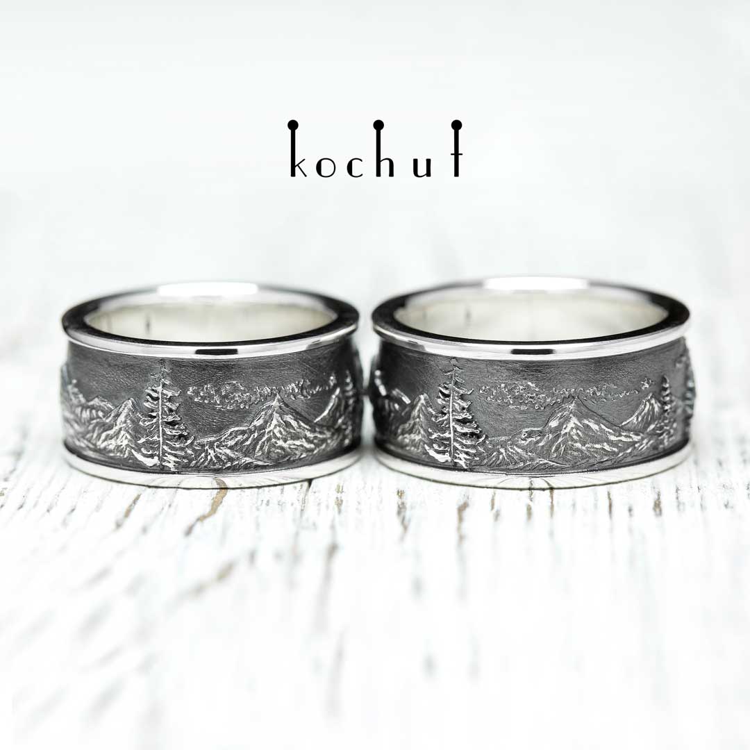 Wedding rings "Mountains with Christmas trees" with two rims. Silver, oxidation