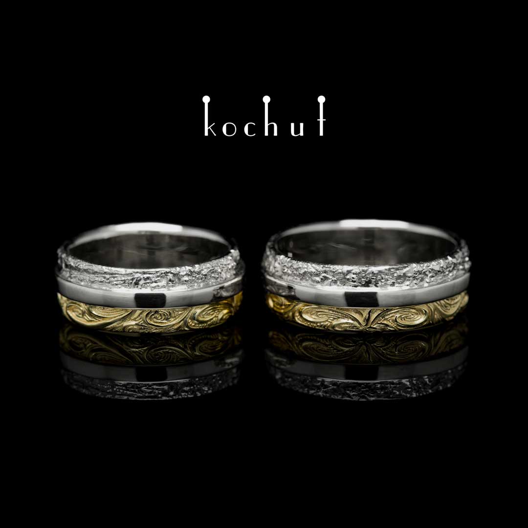 Wedding rings "In joy and in sorrow". Silver, yellow gold