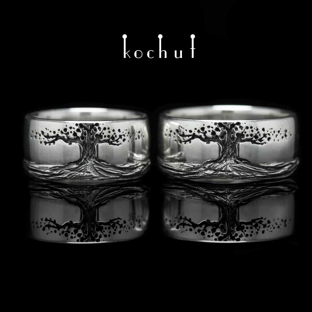 Glossy wedding rings «Tree of life, roots». Silver, oxidation