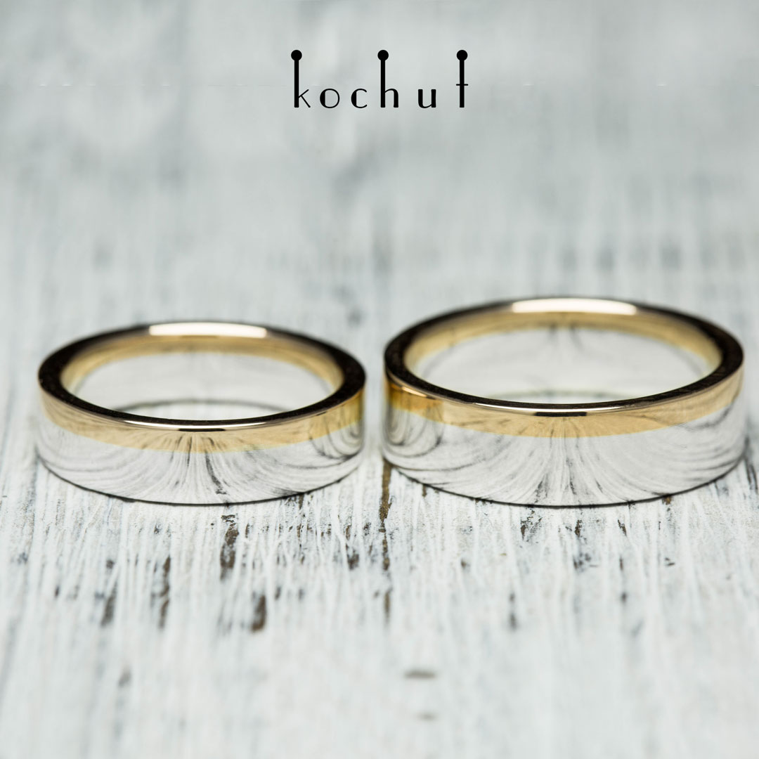 Flat-shaped wedding rings «Horizon of Love». Silver, yellow gold