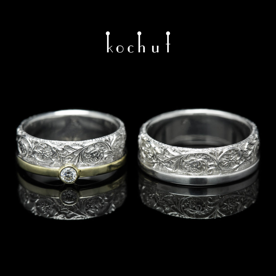 Wedding rings "Harmony of nature". Silver, gold, white rhodium, diamond