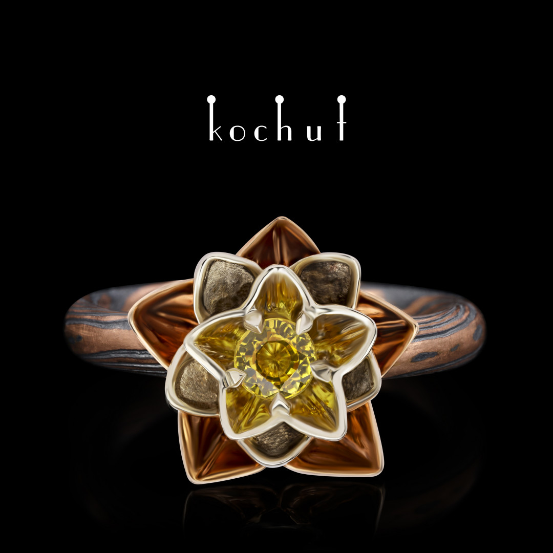 Ring mokume «Heart Lotus» White and red gold, etched silver, sapphire, oxidized