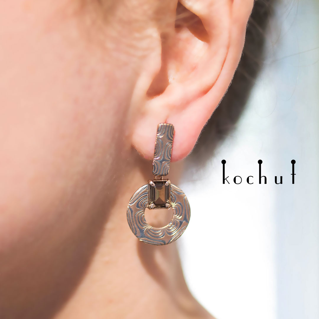 Precious astrolabe — mokume earrings with a smoky quartz 
