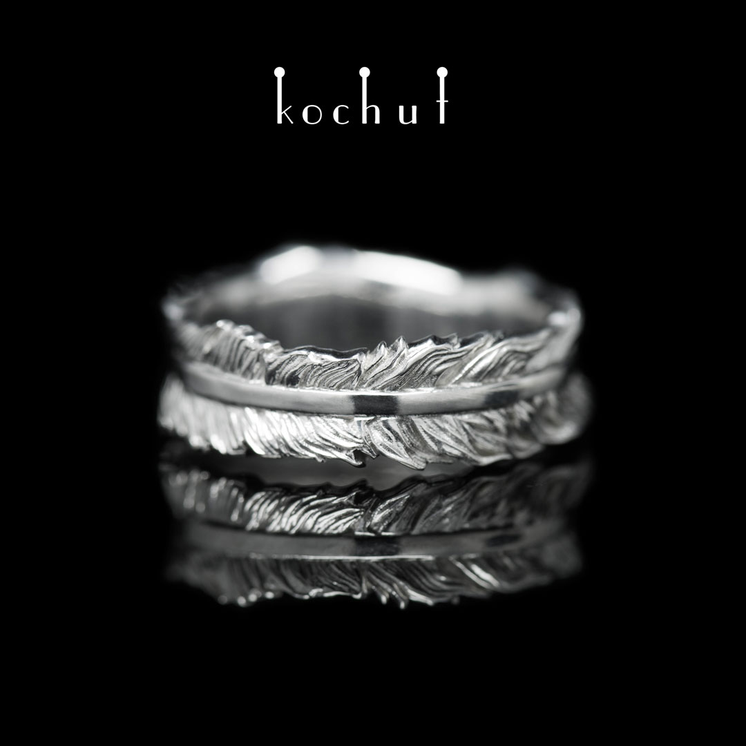 Ring "Feather". Silver, white rhodium