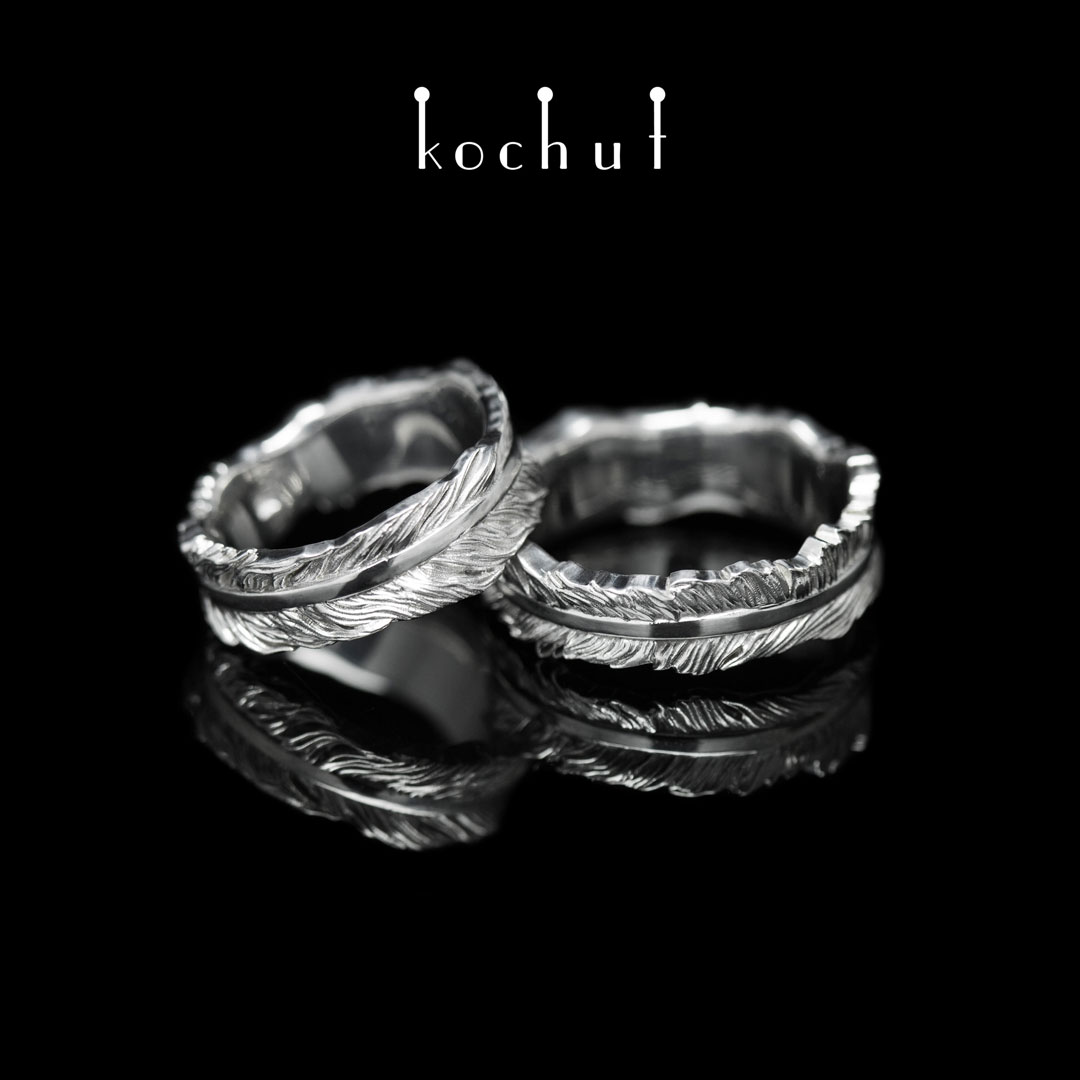 Wedding rings «Feathers». Silver, white rhodium
