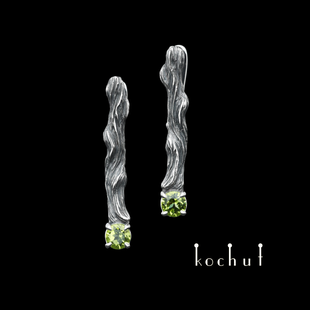 Earrings «Twigs». Silver, chrysolites, oxidized