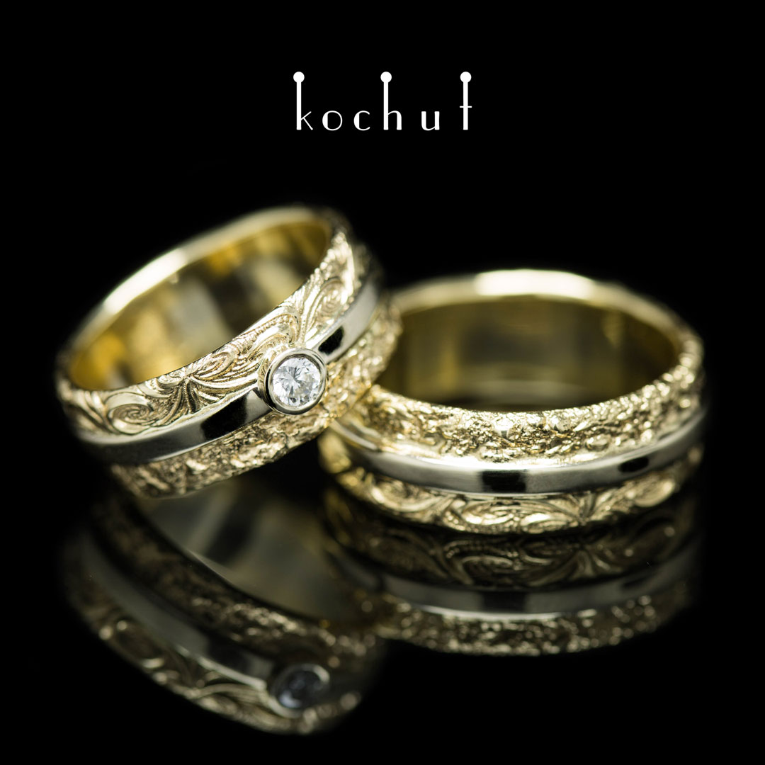 Wedding rings «In joy and in sorrow». 18K White and yellow gold, diamond