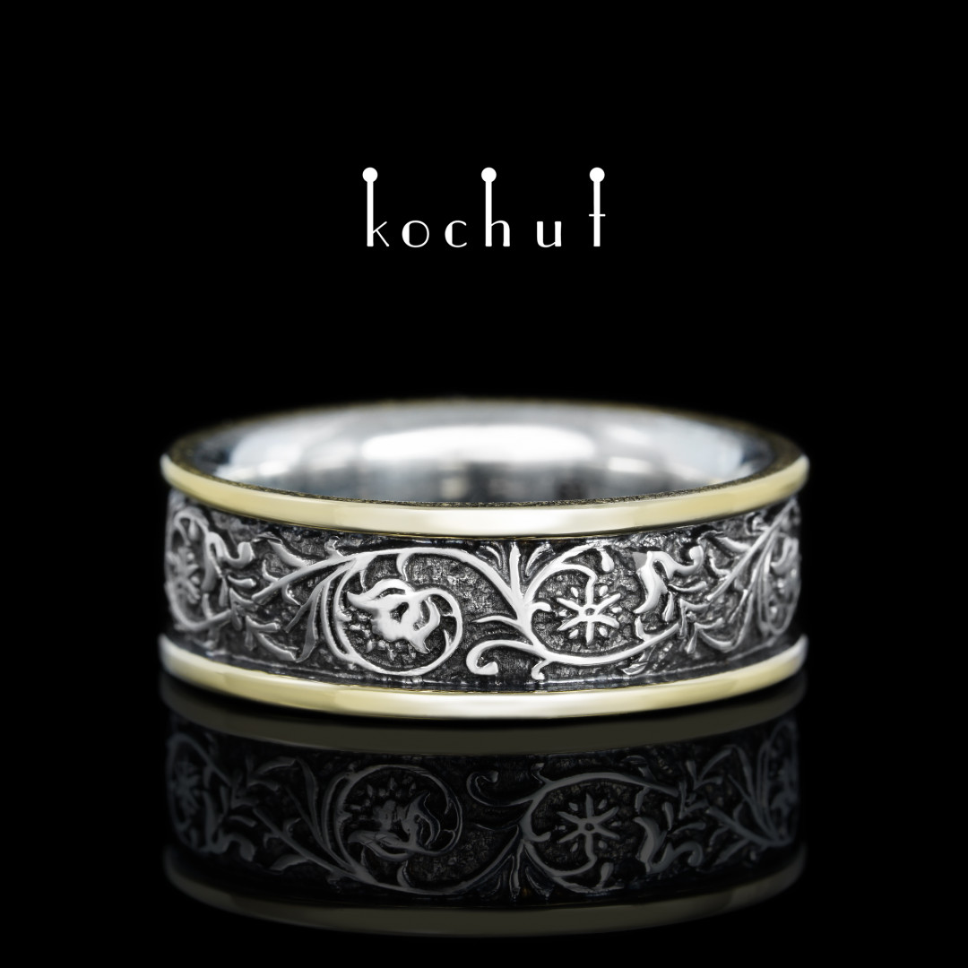Wedding ring «Harmony of nature» with two rims. Silver, yellow gold, black rhodium