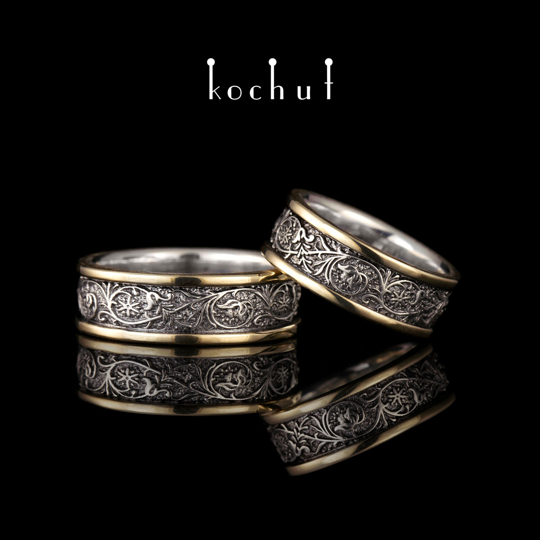 Wedding rings «Harmony of nature» with two rims. Silver, yellow gold, black rhodium